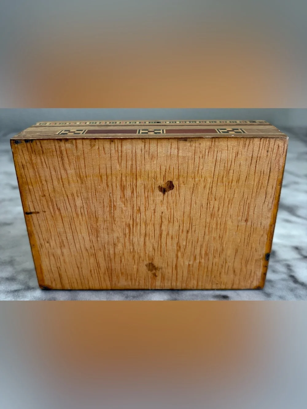 Vintage Geometric Mosaic Inlaid Wood Jewelry Box Red Velvet